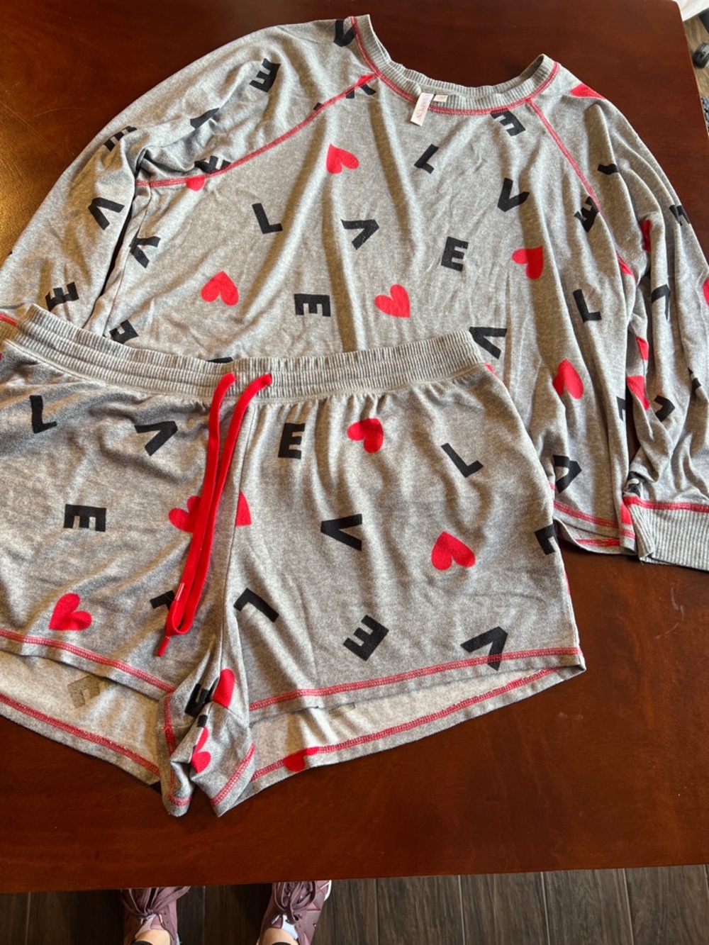 Women’s Gray Heart Print Pajama Set with Red Accents